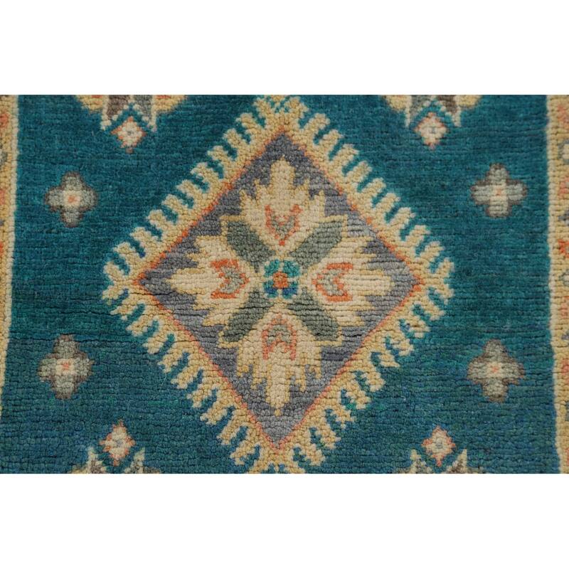 Hand Knotted Oriental 100% Wool Carpet Traditional Geometric Navy Blue & Blues Kazak Area Rug - 3' 0'' X 1' 11''