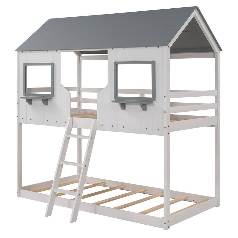 Bunk Bed Wood Bed with Roof, Window, Guardrail, Ladder