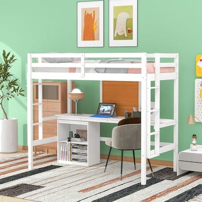 Twin/Full Size Wooden Loft Bed with Built-in Desk, Writing Board, and 2 Drawers, Space-Saving Loft Bed for Kids