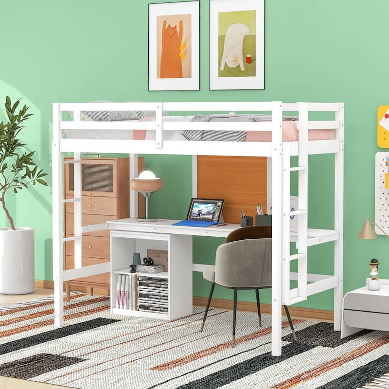 Wooden Twin Loft Bed with Desk - White