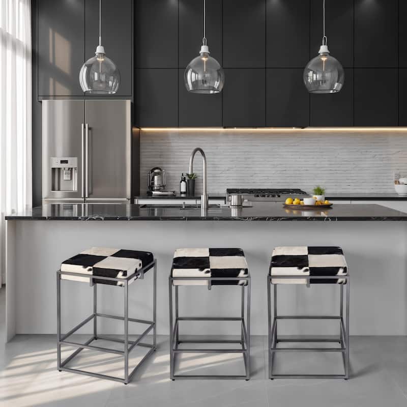 Stinson 26.5 in. Seat Height Hair on Hide Leather and Iron Counter Stool with Footrest - Black and White