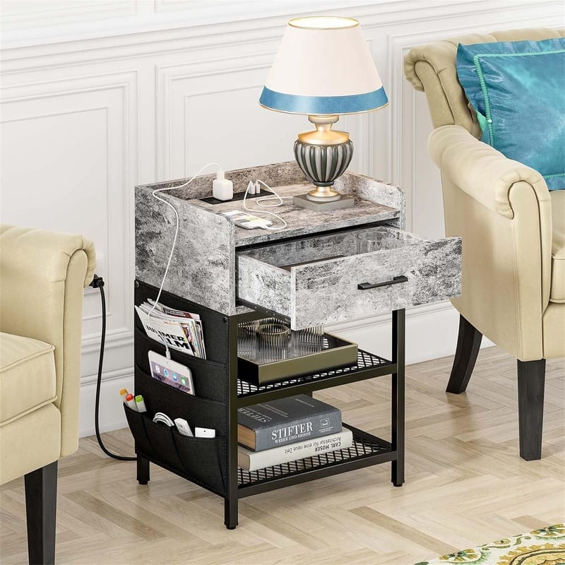 Nightstand with Charging Station - Retro Grey - 1-drawer