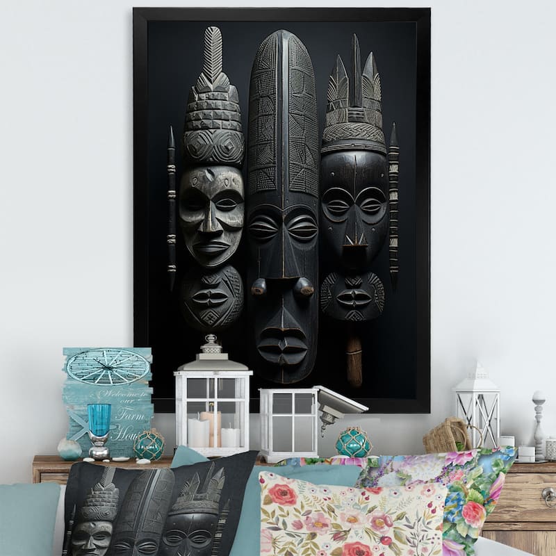 Designart "African Mask" African American Art Framed Wall Art Prints - 34 in. wide x 44 in. high - Black