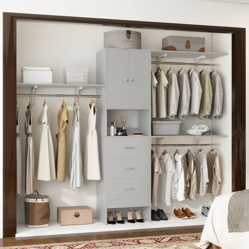 20''-96'' Wide Wooden Closet Organizer With Doors, Adjustable Closet System with Drawers and Hanging Rods - Grey