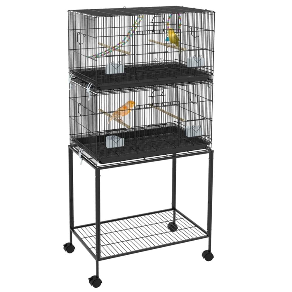 Deluxe Black Steel Bird Cage with Stand, Wheels & Accessories Ideal for Small Parrots - 30.25" L x 17.75" W x 64.5" H