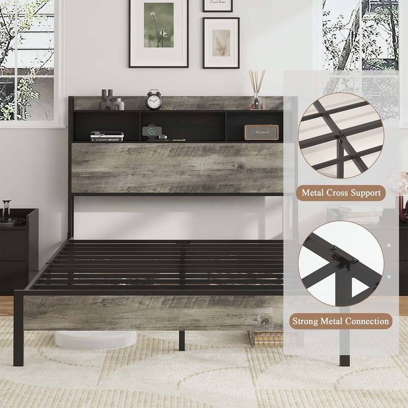 Wooden Platform Bed with Storage,2 USB Ports