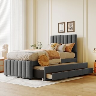 Twin Size Upholstered Platform Bed with Trundle and Storage Drawers, Modern Design with Stripe Headboard