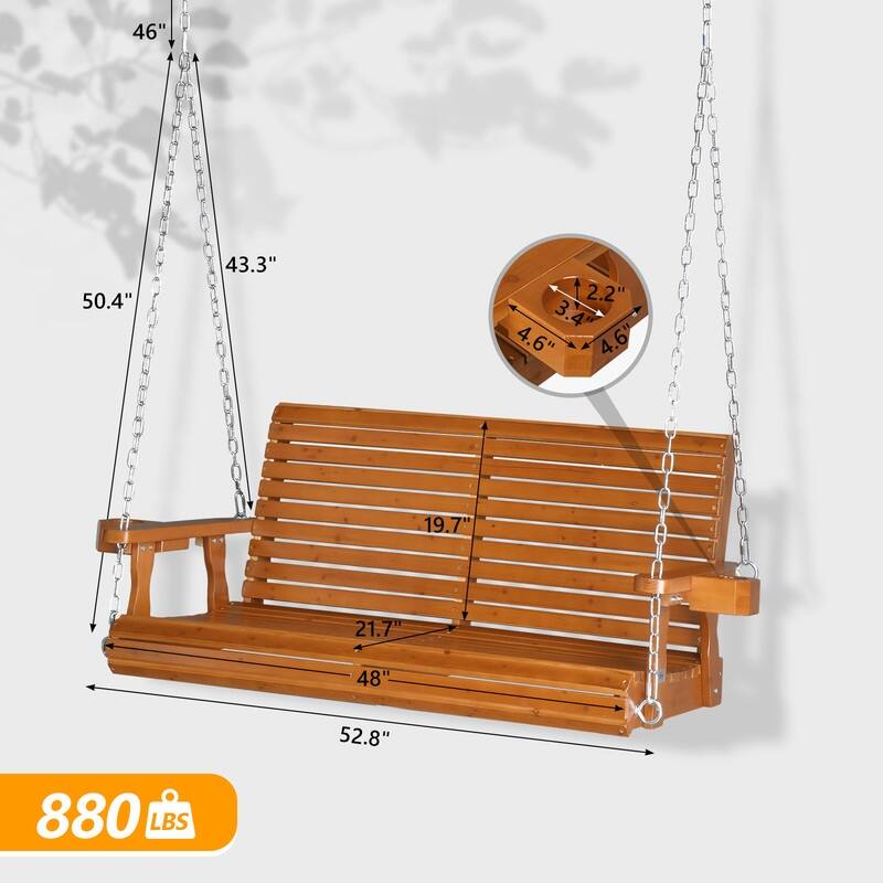 Upgraded 2-Person Wood Porch Swing with Cup Holders and Chains - N/A