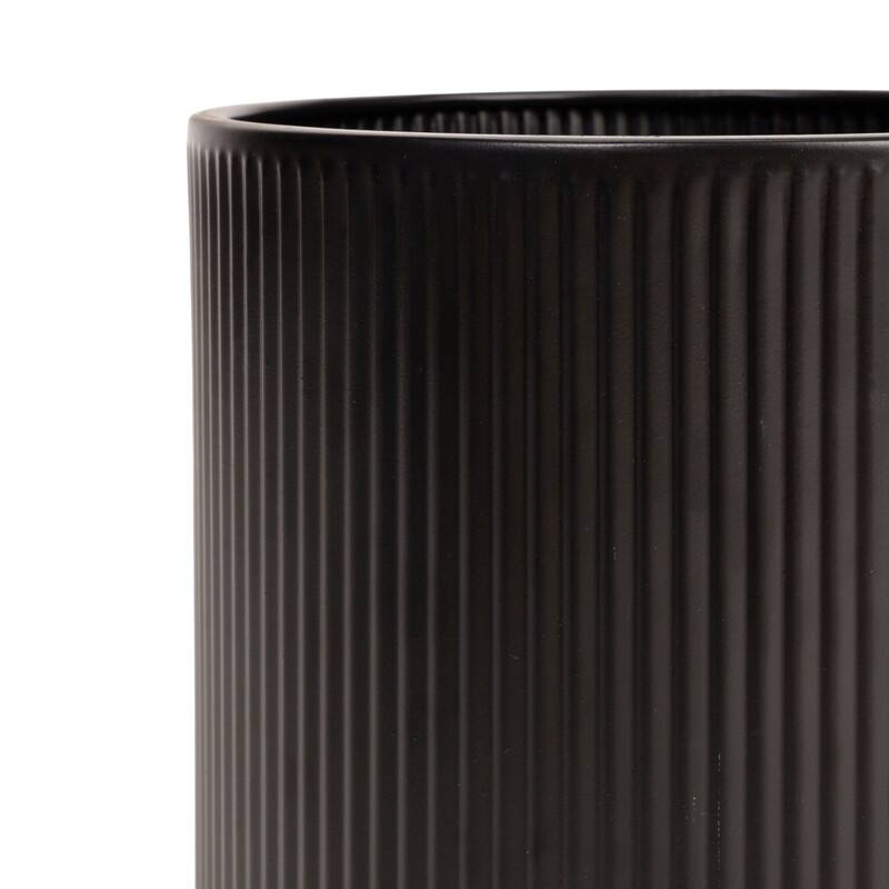 Everett Black Indoor Metal Pot Planter With Kinsley Wood Base Set - 12"H x 10"W x 10"D