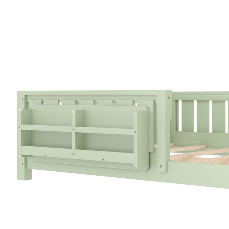 Low Profile Montessori Bed Floor Platform Bed with Fence and Bookshelf