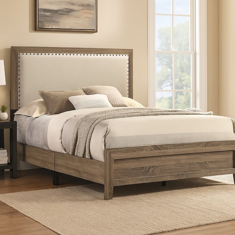 Shannon Queen Panel Bed with Nailhead Trim, Ivory Fabric, Gray Wood