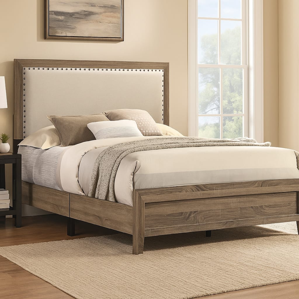 Shannon Queen Panel Bed with Nailhead Trim, Ivory Fabric, Gray Wood