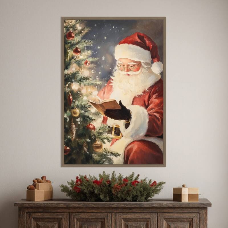 Santa Reading II by Melloi Art Prints Framed Canvas Wall Art Print - Sylvie Dark Gold