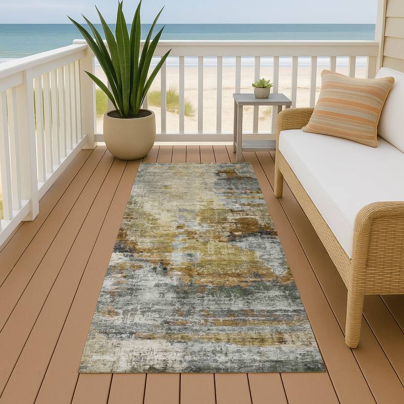 Machine Washable Indoor/ Outdoor Abstact Contemporary Chantille Rug - Khaki - 2'3" x 7'6"