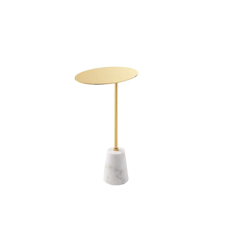 Frank 12 Inch Drink Side End Table, Gold Top, White Marble Solid Cone Base