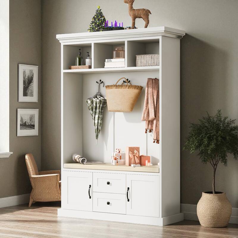 47.2" Hall Tree with Cushion Bench, 3 Hooks, 2 Drawers & 2 Cabinets, Entryway Coat Rack Storage Organizer