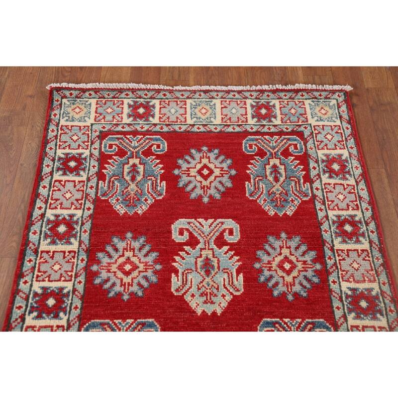 Red Geometric Kazak Oriental Runner Rug Handmade Wool Carpet - 2'8" x 9'4"