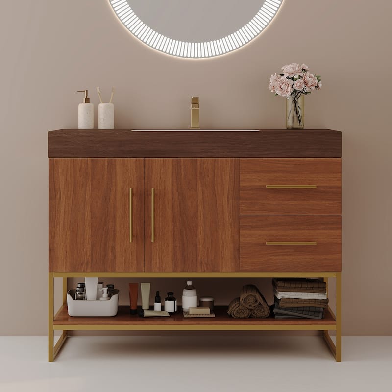 36" Modern Bathroom Vanity with Seamless Ceramic Sink & Gold Accent Free Standing Cabinet - Gold,Walnut,White