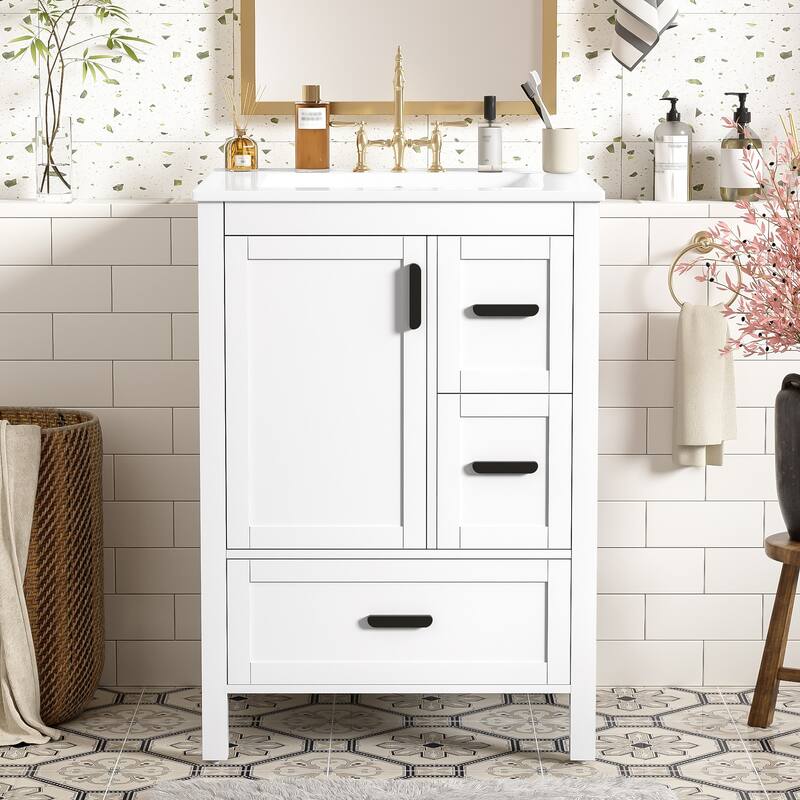 24" Bathroom Vanity with Ceramic Sink Bathroom Storage Cabinet with Double-Layer Door Shelf and 3 Drawers - White