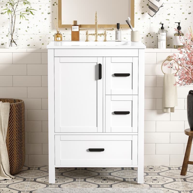24" Modern Bathroom Vanity with Ceramic Sink - Soft-Close Door, 3 Drawers, Double-Layer Shelf, Minimalist Design
