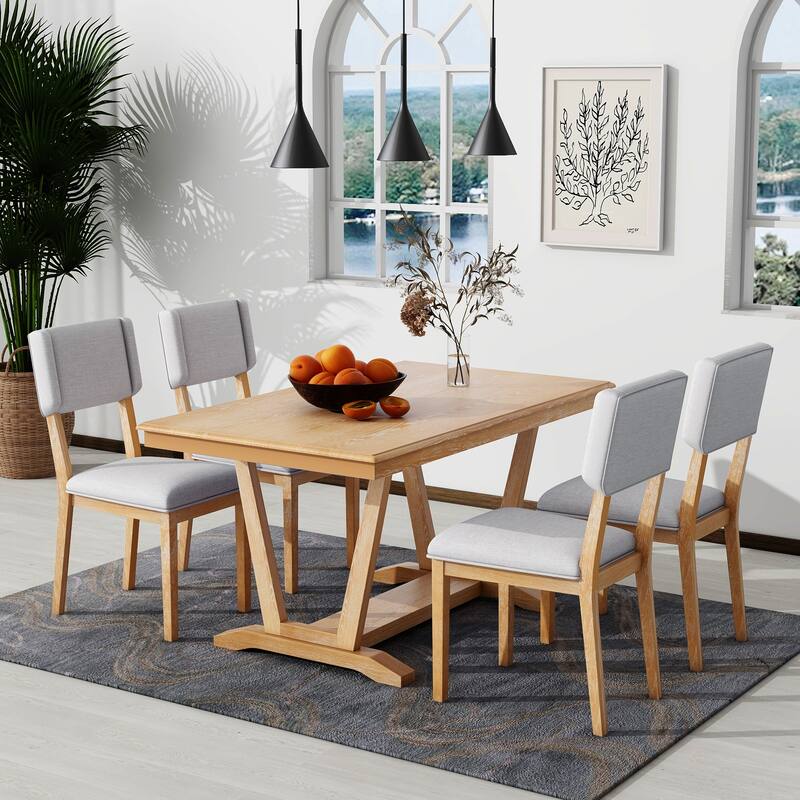 Farmhouse 5-Piece Dining Set with Upholstered Chairs, 59-Inch Rectangular Table with Trestle Base, Seats 4-6