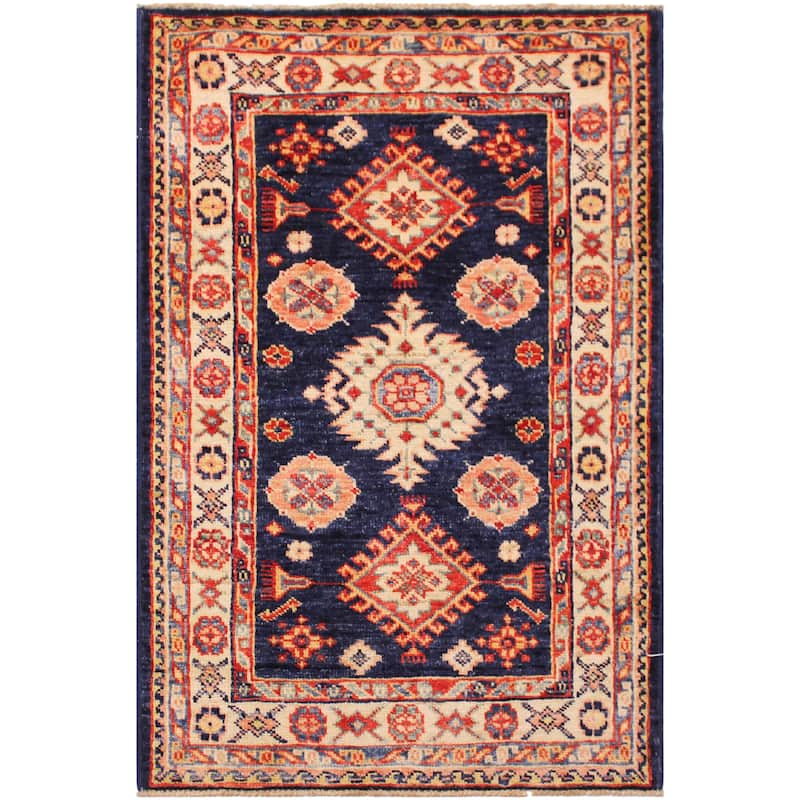 Caucasian Super Kazak Alistair Blue/Beige Hand Knotted Wool Rug - 2'1'' x 3'2''
