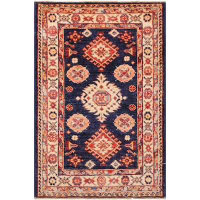 Caucasian Super Kazak Alistair Blue/Beige Hand Knotted Wool Rug - 2'1'' x 3'2''