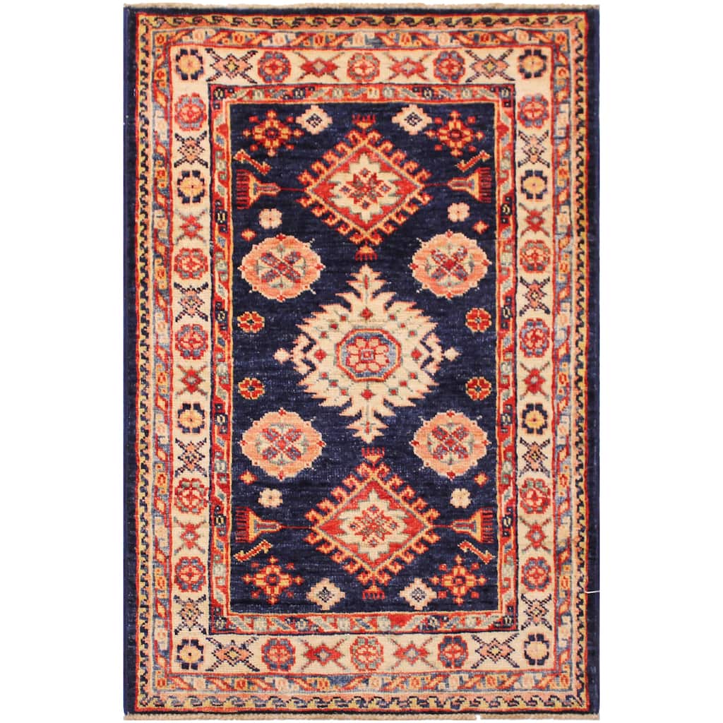Caucasian Super Kazak Alistair Blue/Beige Hand Knotted Wool Rug - 2'1'' x 3'2''
