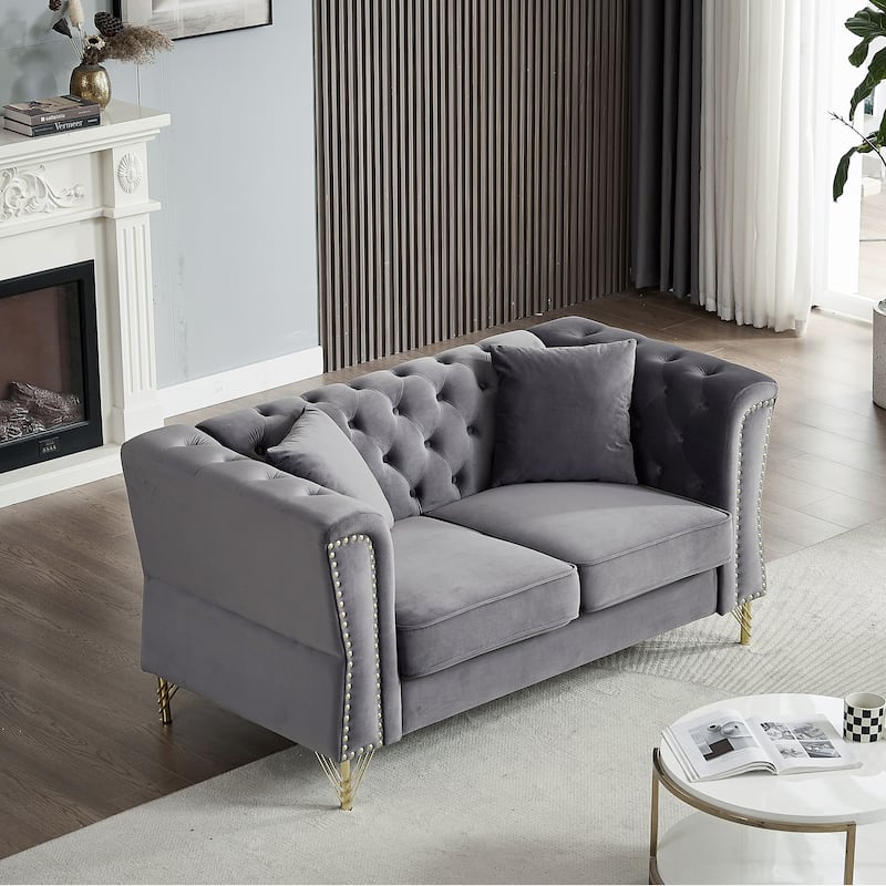 60.2" Chesterfield Velvet Sofa, 2-Seater Tufted Couch with Nailhead Trim and Metal Legs, Ideal for Living Room