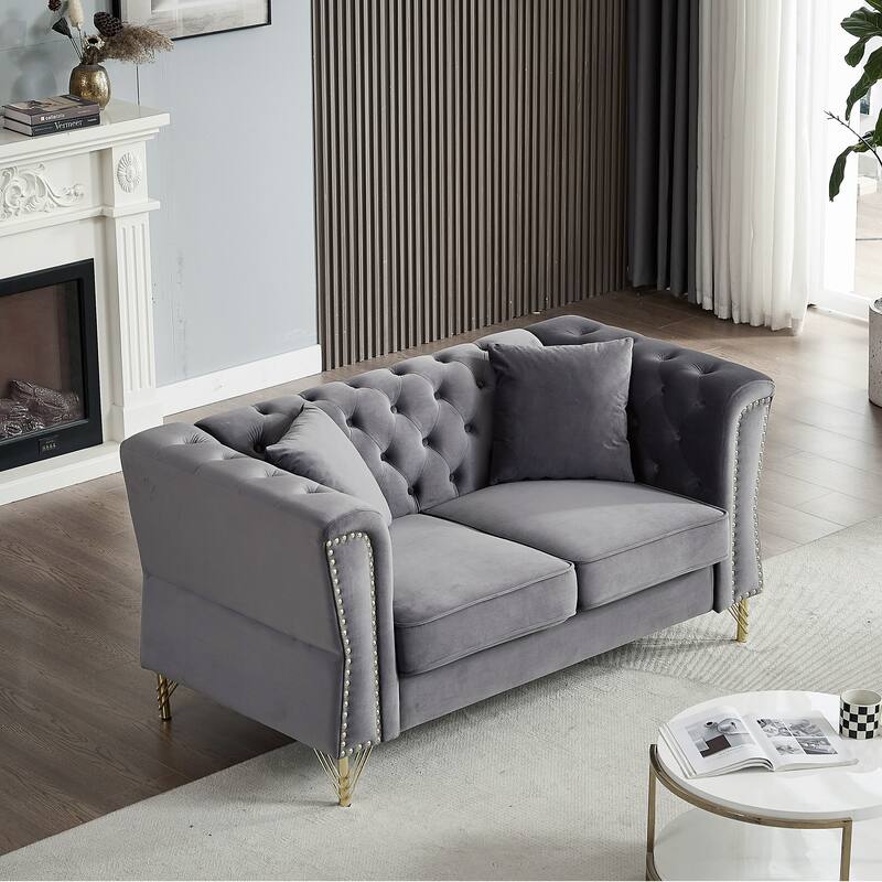 Grey 60.2" Velvet 2-Seater Sofa with Nailhead Trim