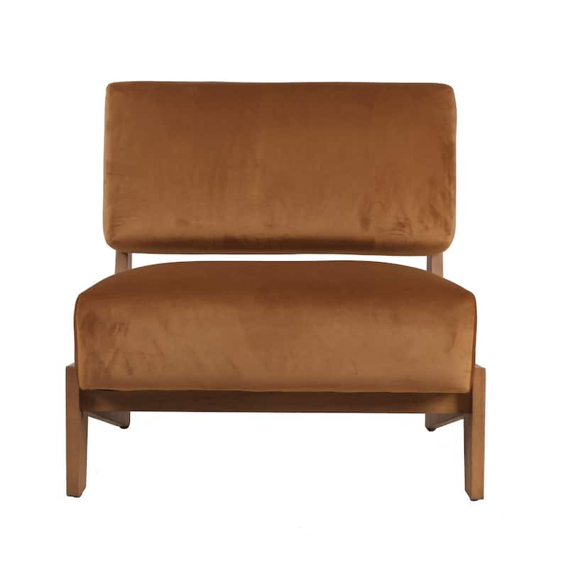 Cid Joy 30 Inch Accent Chair, Low Profile, Camel Brown Velvet, Wood Frame