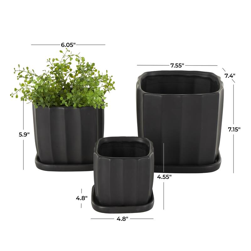 Black or White Ceramic Ribbed Indoor Outdoor Planter with Attached Saucer (Set of 3)