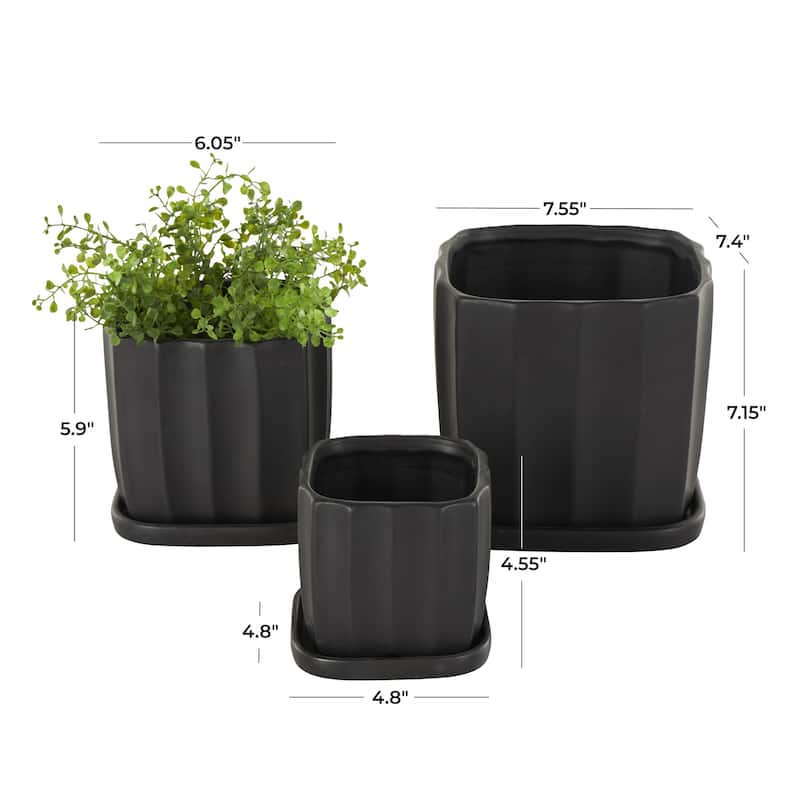 Ceramic Ribbed Indoor Outdoor Planter with Attached Saucer - Set of 3 Black or White - Roche River Decor