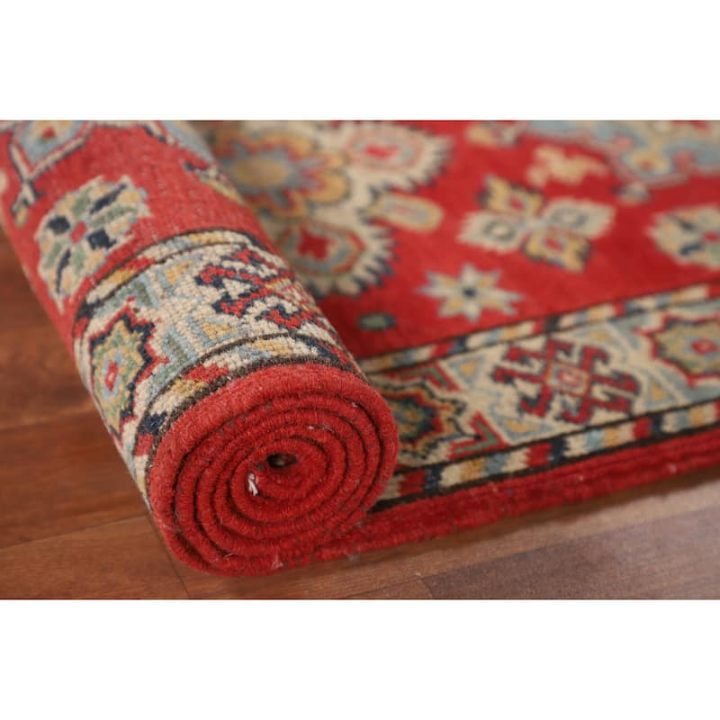 Geometric Red Kazak Runner Rug Handmade Wool Carpet - 2'2" x 5'11"