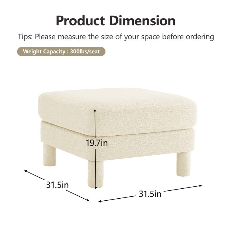 Boucle Fabric Ottoman with Wooden Legs Modern Living Room Accent