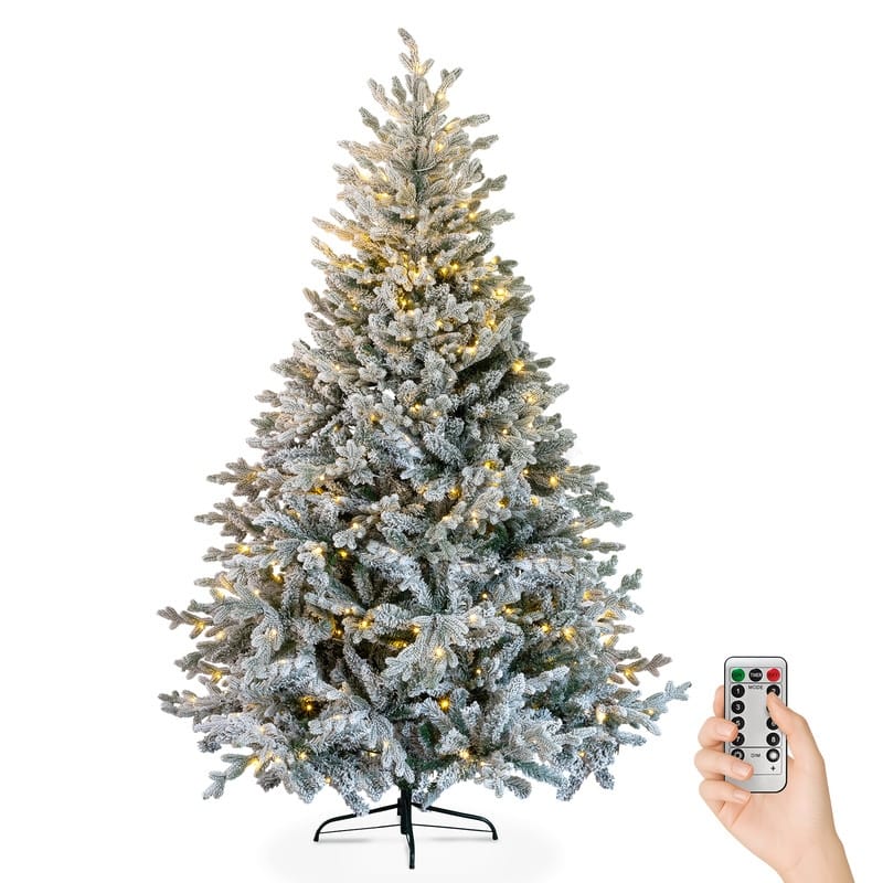 7 FT Pre-lit Snow Flocked Christmas Tree, Artificial Hinged Xmas Pine Tree for Holiday Party Office Home, Snowy Green