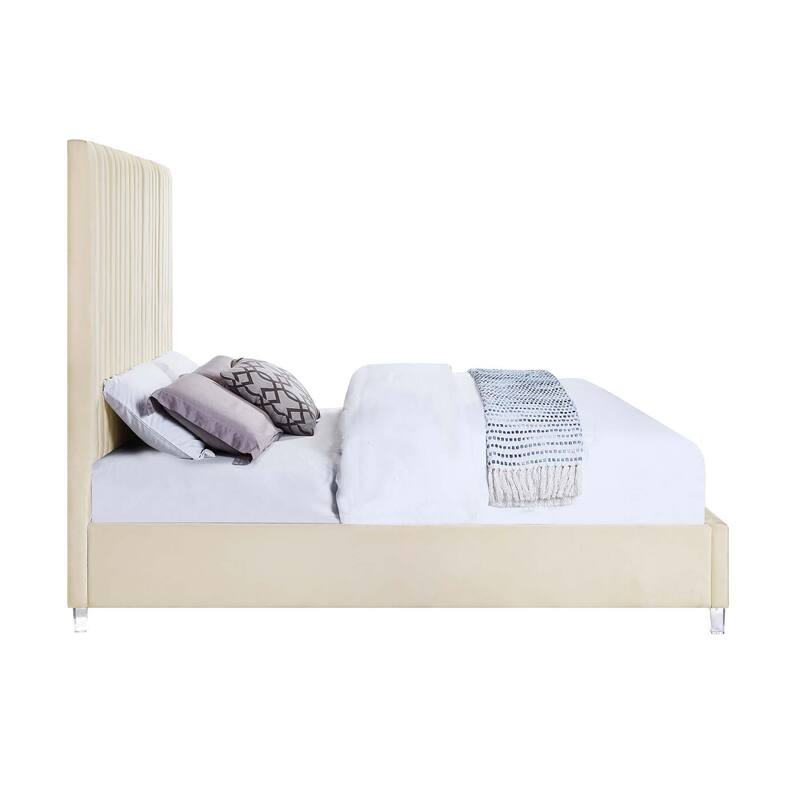 Fully Fabric Upholstered Bed with Acrylic Legs in Beige Finish