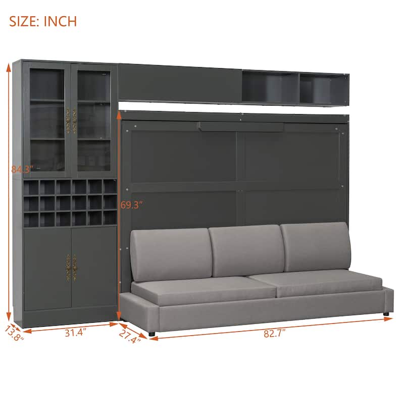 Foldable Murphy Bed Wall Bed with Queen Platform Bed and Sofa, Storage Bed with USB, Glass Door Cabinet, Wine Rack and Shelves