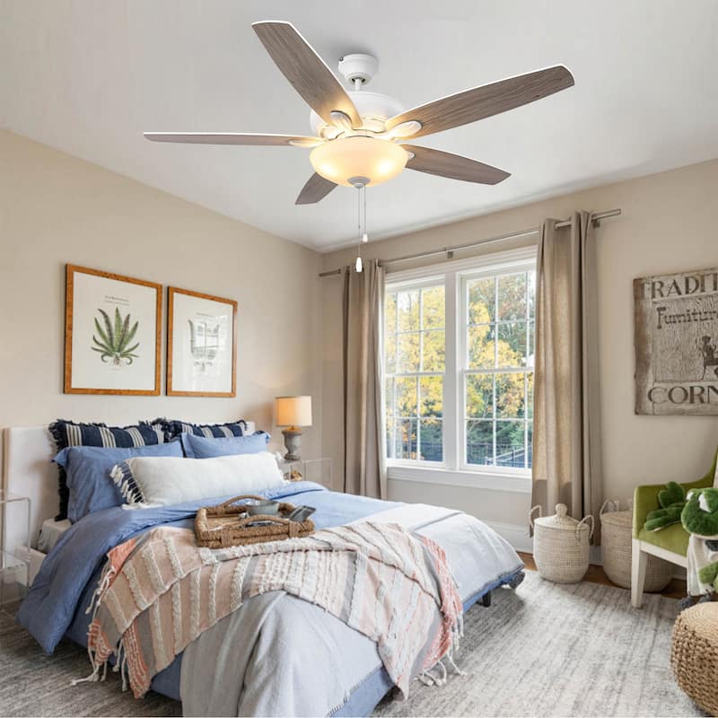 52-inch Coastal White Frosted Glass Ceiling Fan with Light and Pull Chain - Satin white