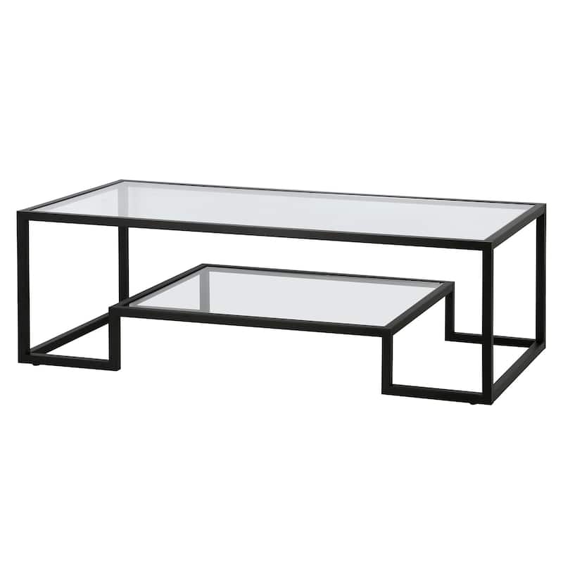 Modern 54-Inch Rectangular Glass Coffee Table Storage Shelf and Sleek Steel Sled Base for Living Room - 54"L x 24"W x 17"H