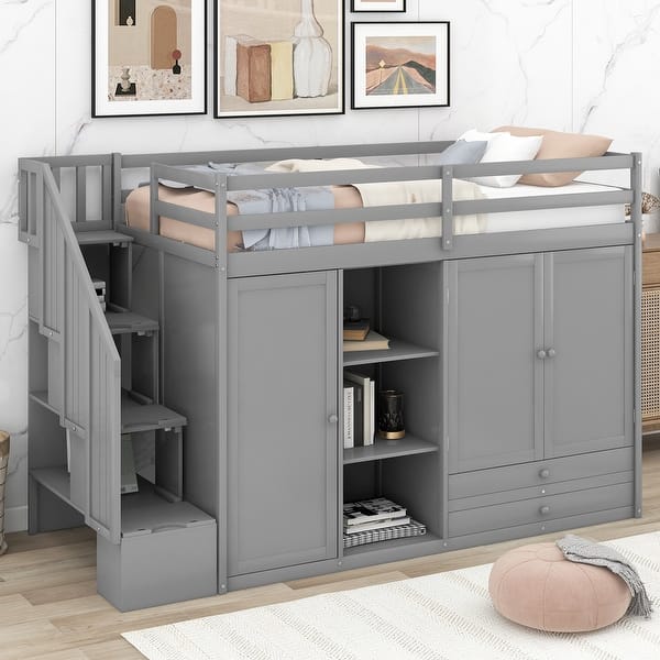 Full Size Metal Loft Bed With Wardrobe & Desk - Space Saving Loftbed With Storage Stairs
