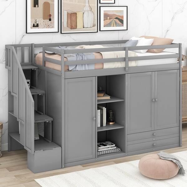 slide 2 of 9, Twin Size Loft Bed with Built-in Shelves and Drawers Gray - Twin