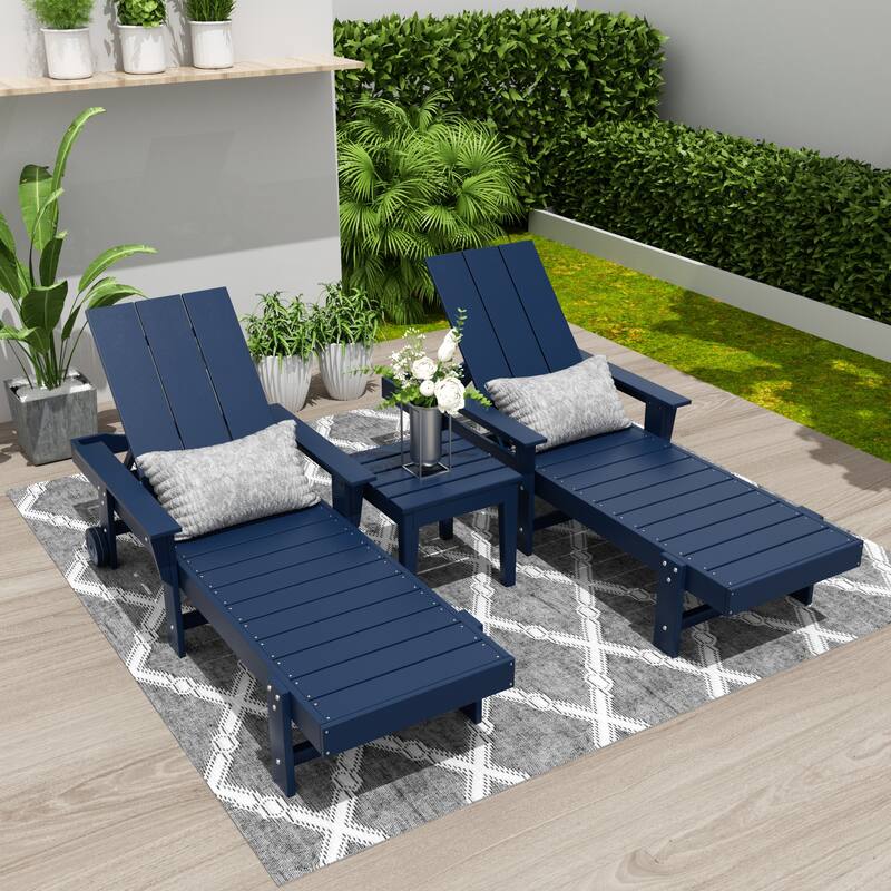 Polytrends Shoreside Modern Poly Reclining Eco-friendly Chaise Lounge With Arms, Wheels, and Side Table (3-Piece Set)