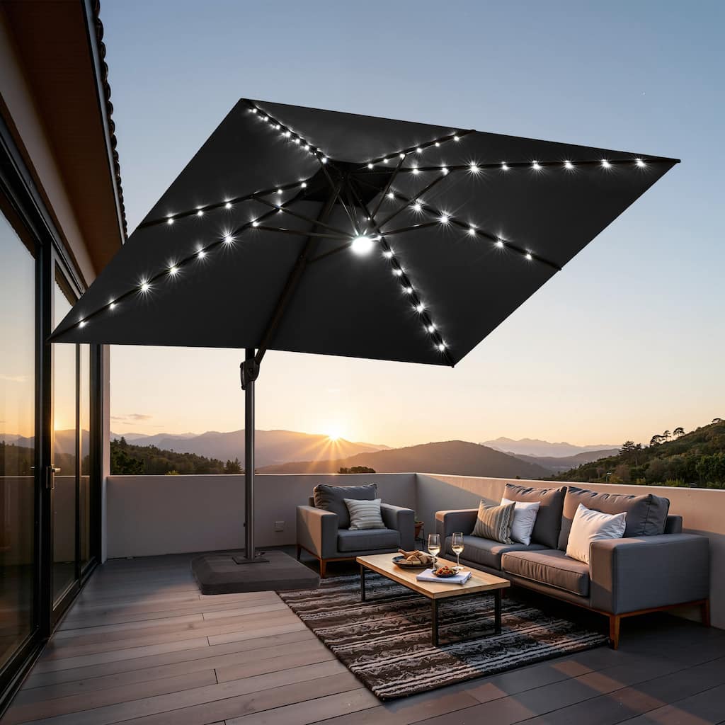 Solar-Powered LED Light 11 FT Aluminum Patio Cantilever Umbrella with Base