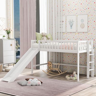 Space-Saving Low Loft Bed with Slide and Storage Area
