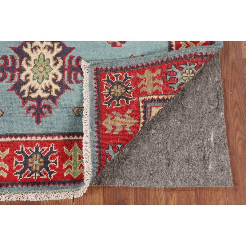 Light Blue Geometric Kazak Foyer Rug Hand-Knotted Oriental Wool Carpet - 3'5" x 4'10"