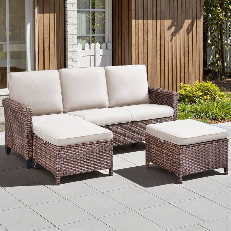 Pocassy Outdoor Sofa with Swivel Chairs Funiture Set - 3PCS Sofa w/  Ottoman - Brown Wicker Blue Cushion