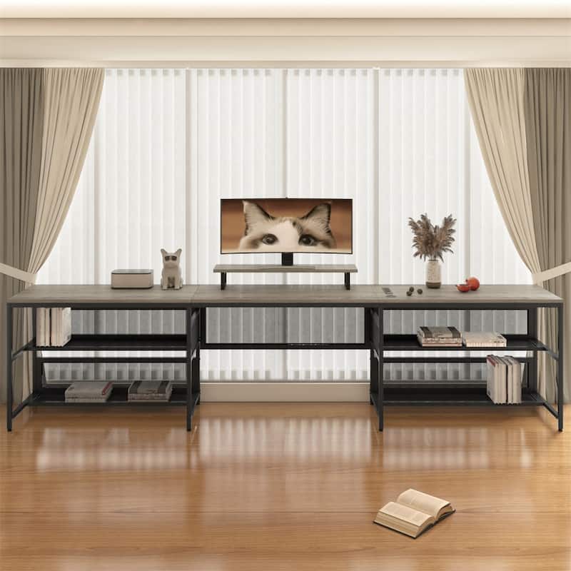 U-shaped Desk with Shelve and LED Lights - Grey