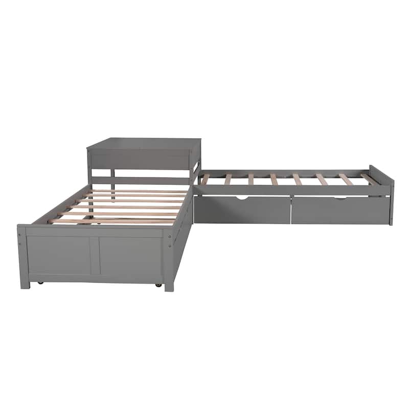 Gray Twin L-shaped Platform Bed with Trundle & Drawers