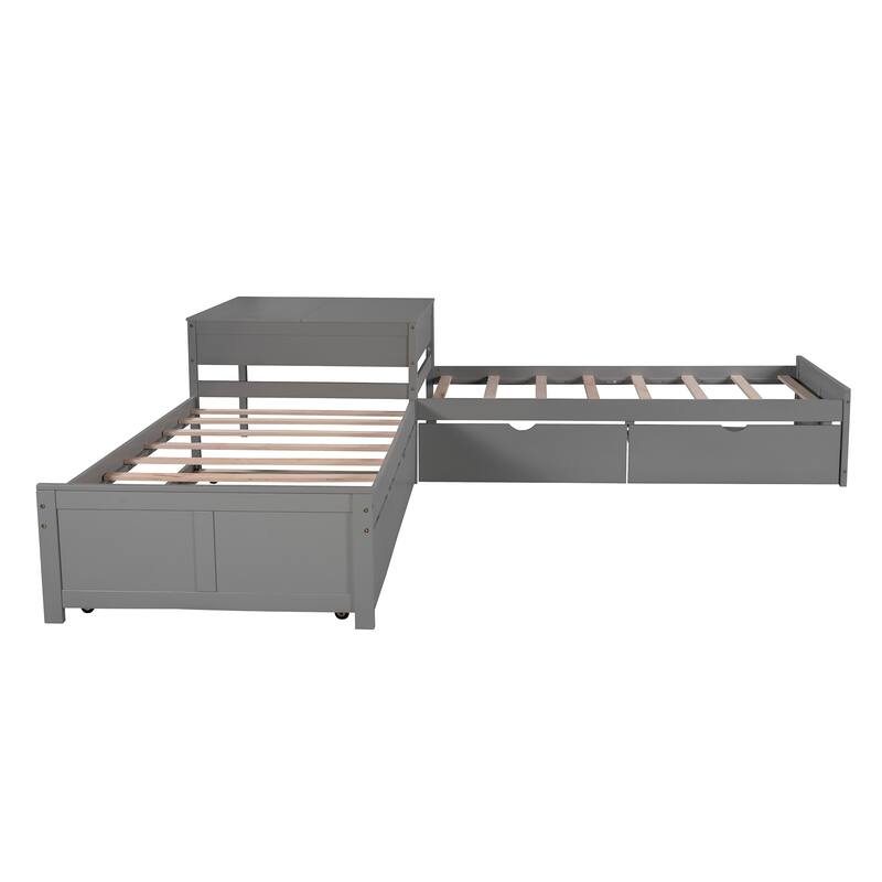 Twin Size Platform Bed with Built-in Desk and Drawers Linked, L-Shaped Trundle, Wooden Support Bed Frame No Box Spring Needed